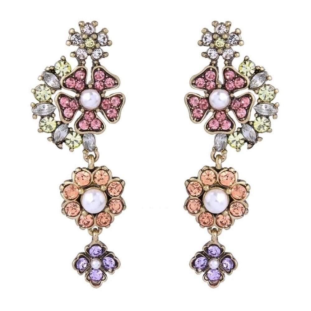 Pastel Crystal Flower Pearl Vintage Gold Dangle Statement Earrings